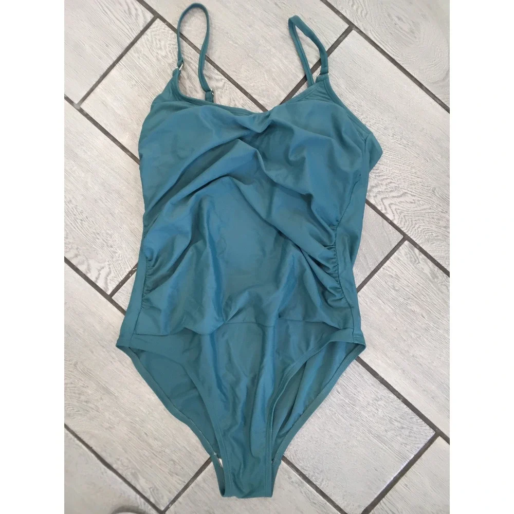 Kona Sol Womens Teal Blue Ruched‎ Front Ladder Back One Piece Swimsuit Size L